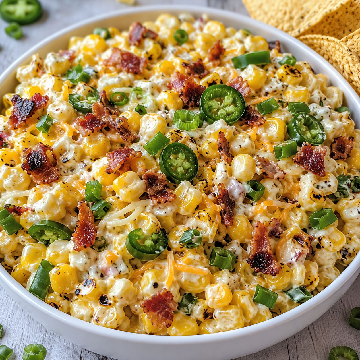 Jalapeno popper corn salad with cheese, bacon, and green onions