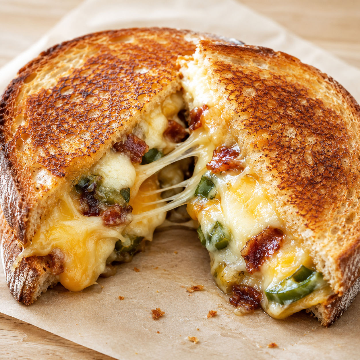 Jalapeno popper grilled cheese with bacon and melted cheese