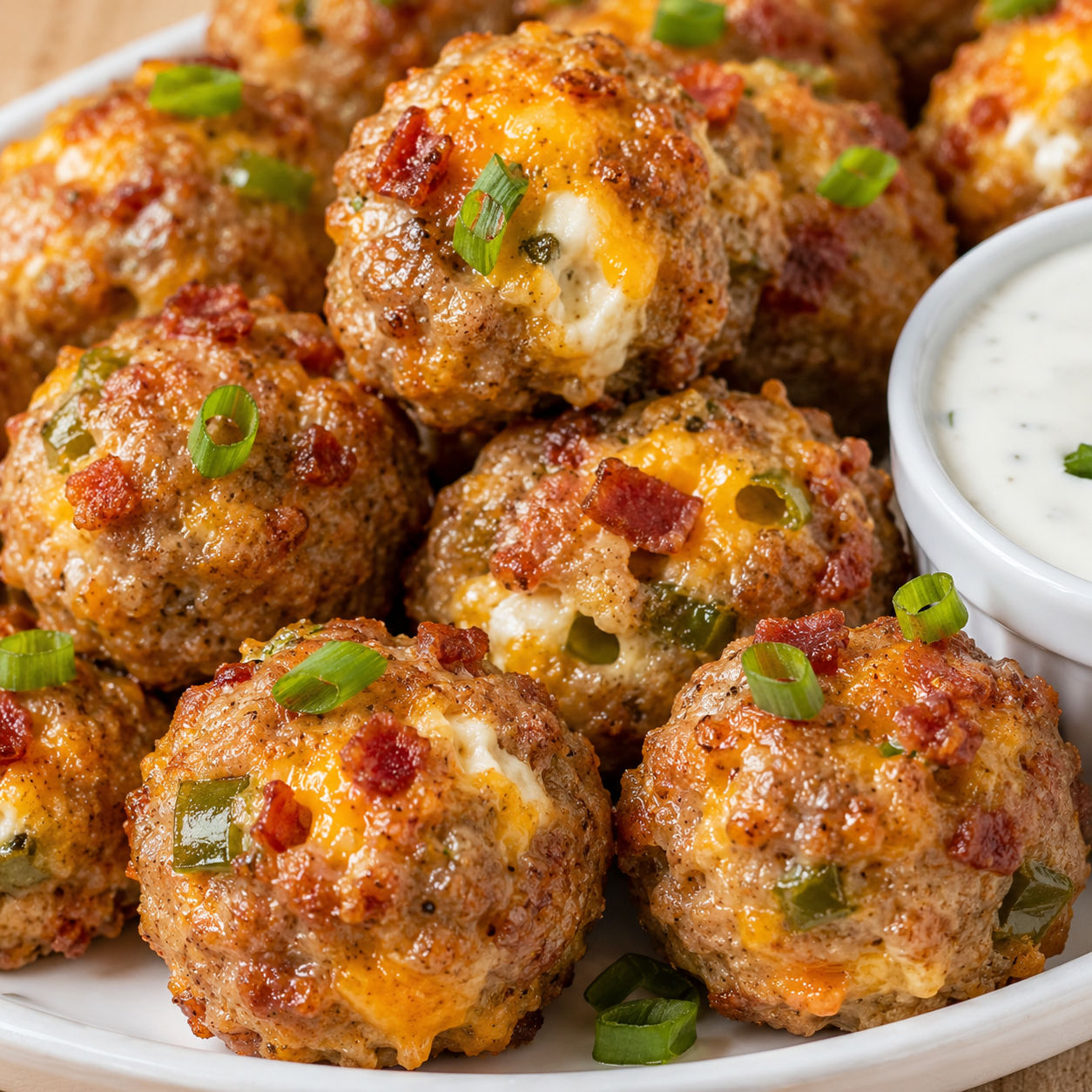 Golden jalapeno popper sausage balls with ranch and green onions
