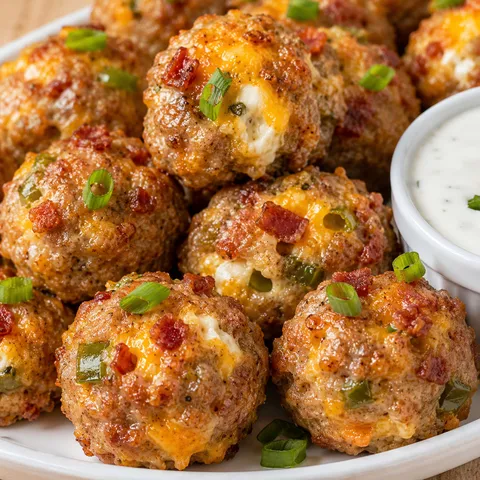Golden jalapeno popper sausage balls with ranch and green onions