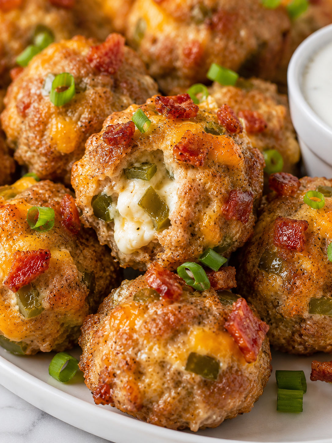 Jalapeno Popper Sausage Balls, plated and served
