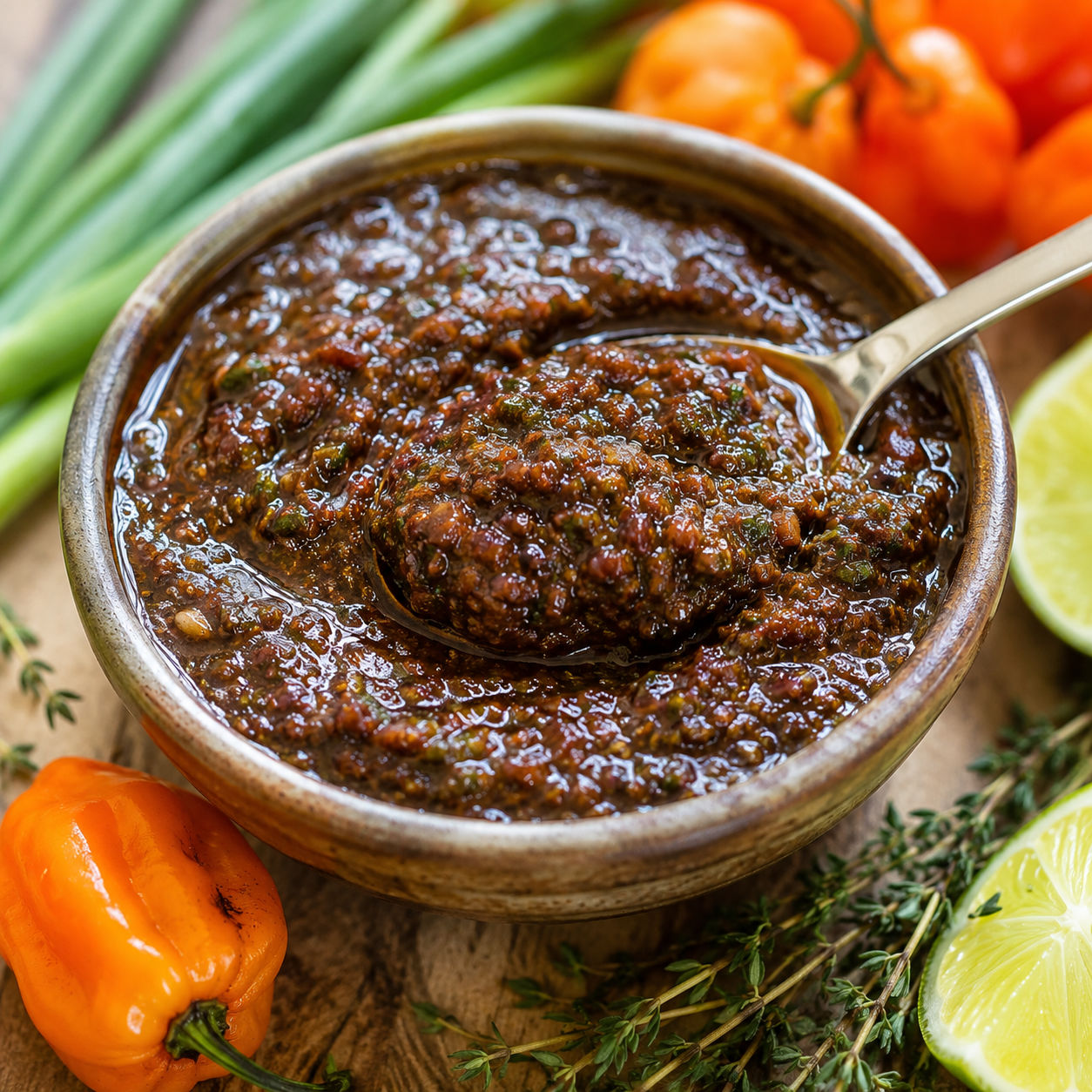 Jamaican Jerk Sauce in a bowl with Scotch bonnets, lime, and thyme