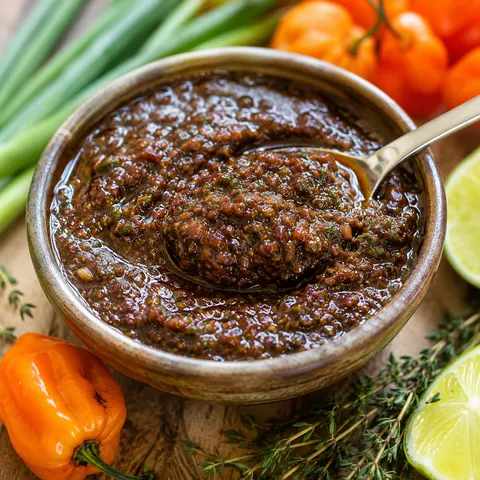 Jamaican Jerk Sauce in a bowl with Scotch bonnets, lime, and thyme