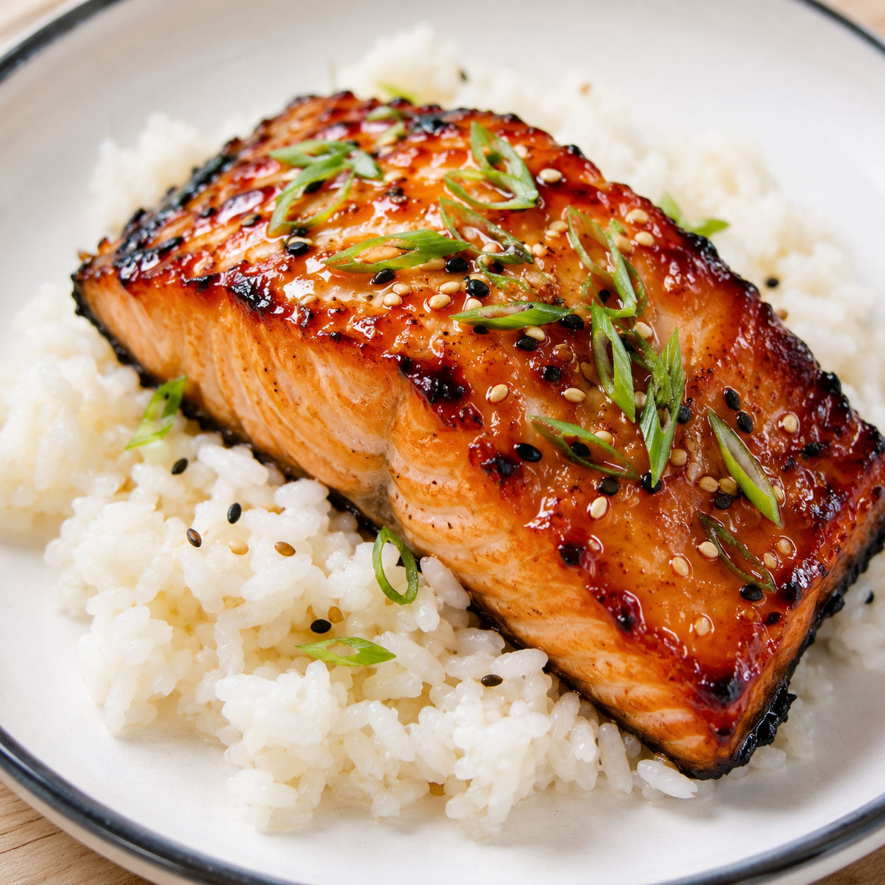 Japanese Miso Salmon with scallions and sesame seeds over rice