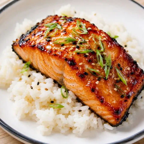 Japanese Miso Salmon with scallions and sesame seeds over rice