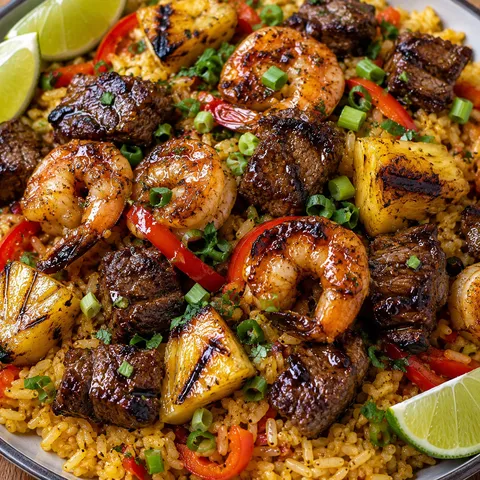 Jerk steak and shrimp over coconut rice with grilled pineapple and lime