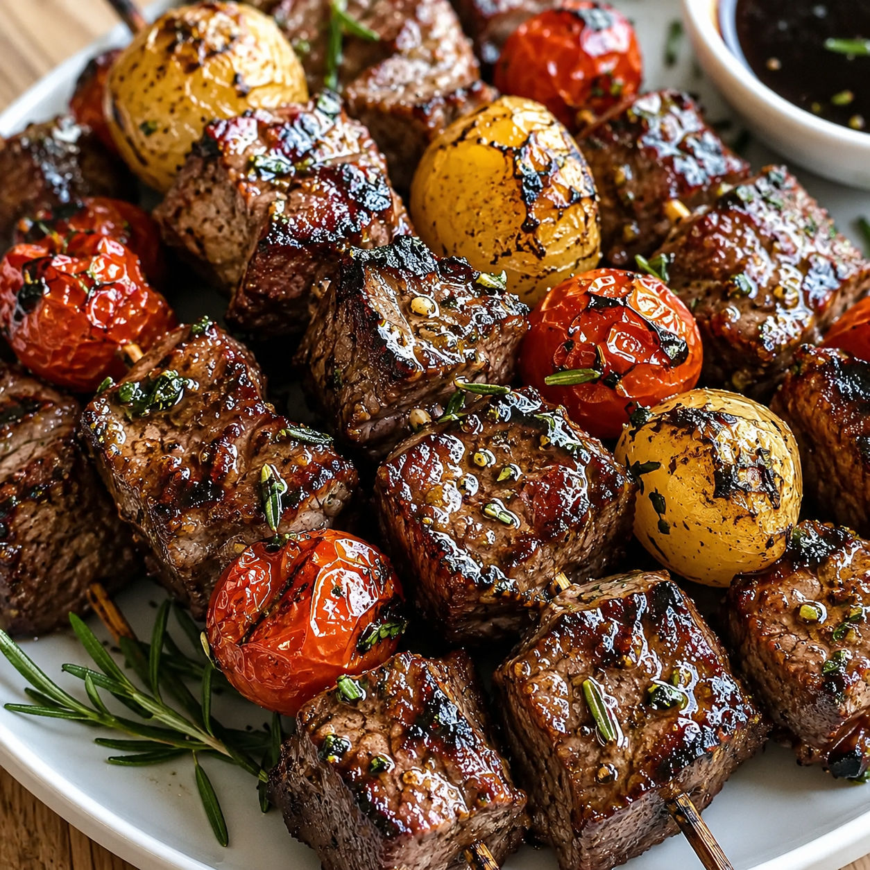 Balsamic steak kebabs with rosemary tomatoes and baby potatoes on a white platter