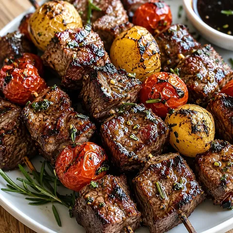 Balsamic steak kebabs with rosemary tomatoes and baby potatoes on a white platter