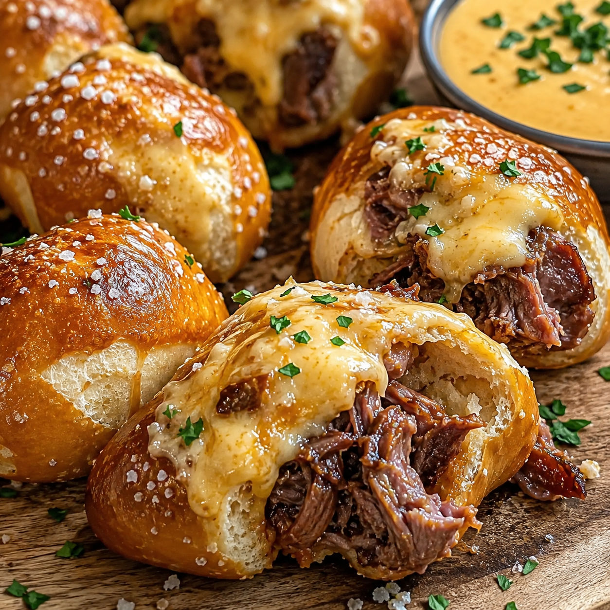 Brisket and beer cheese stuffed pretzel bites with melted cheddar filling