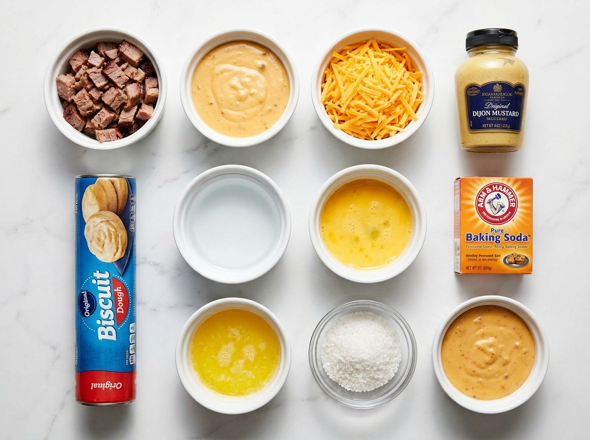 Ingredients for brisket beer cheese pretzel bites on a wooden surface