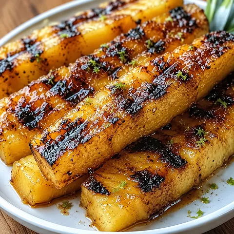 Brown sugar grilled pineapple spears with vanilla syrup and lime zest