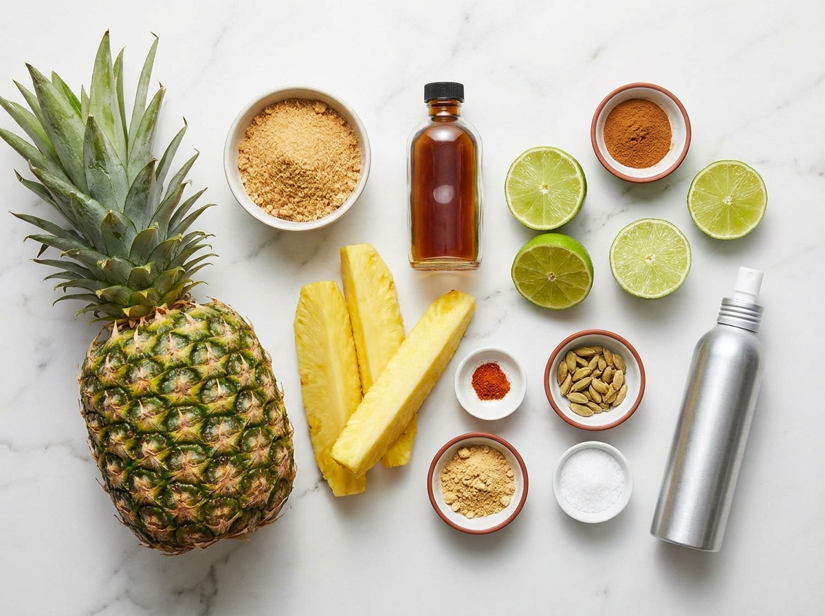 Fresh pineapple, brown sugar, vanilla, lime, and warm spices for grilling