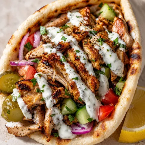 Chicken shawarma pita with yogurt sauce, vegetables, herbs, and lemon