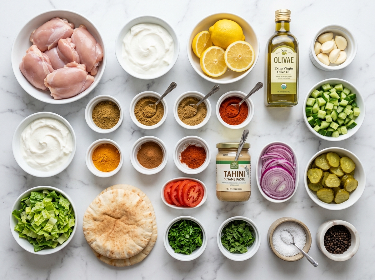Raw chicken shawarma ingredients with pita, yogurt sauce items, and vegetables