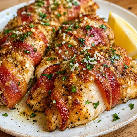 Bacon-wrapped garlic Parmesan chicken with parsley on a white platter