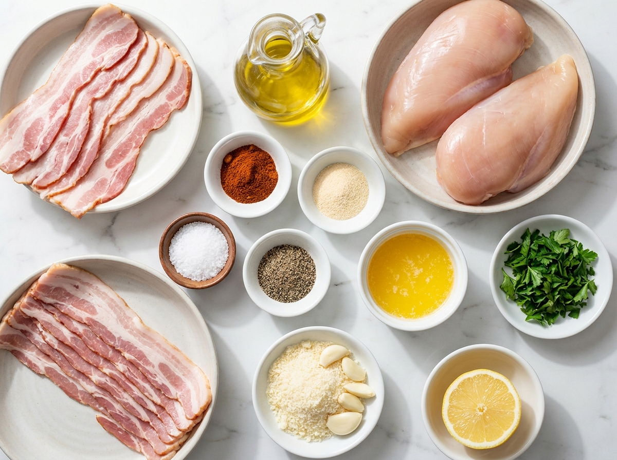 Ingredients for bacon-wrapped garlic Parmesan chicken on a wooden surface