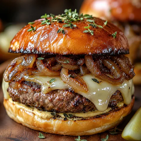 French onion burgers with Gruyère and caramelized onions on toasted buns