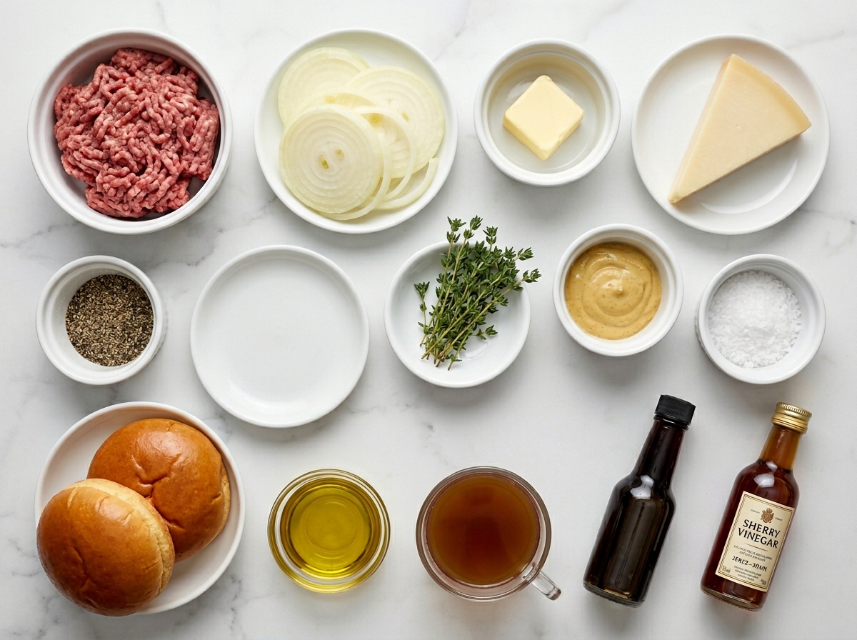 Ingredients for French onion burgers with beef, onions, Gruyère, and buns