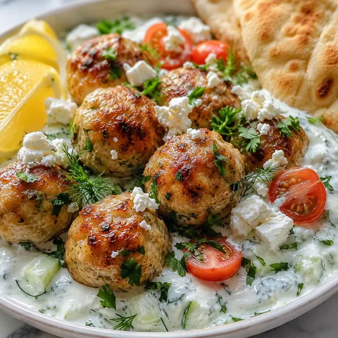Greek chicken meatballs on fresh tzatziki with feta, tomatoes, and dill