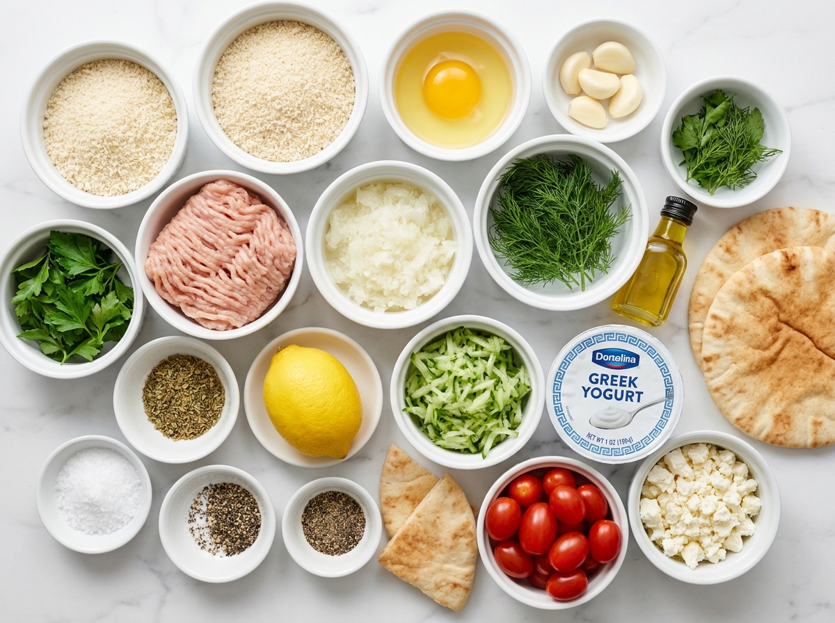 Ingredients for Greek chicken meatballs with tzatziki on a marble counter