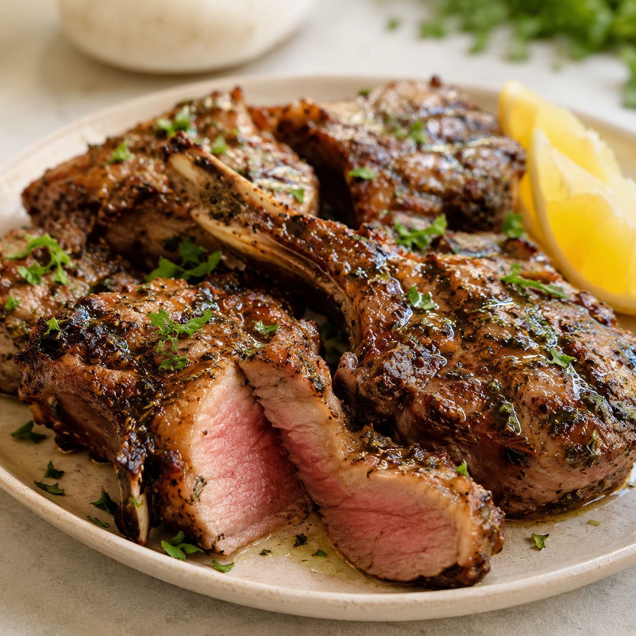 Grilled lamb chops with rosemary, garlic, parsley, and lemon wedges
