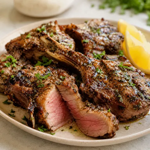 Grilled lamb chops with rosemary, garlic, parsley, and lemon wedges