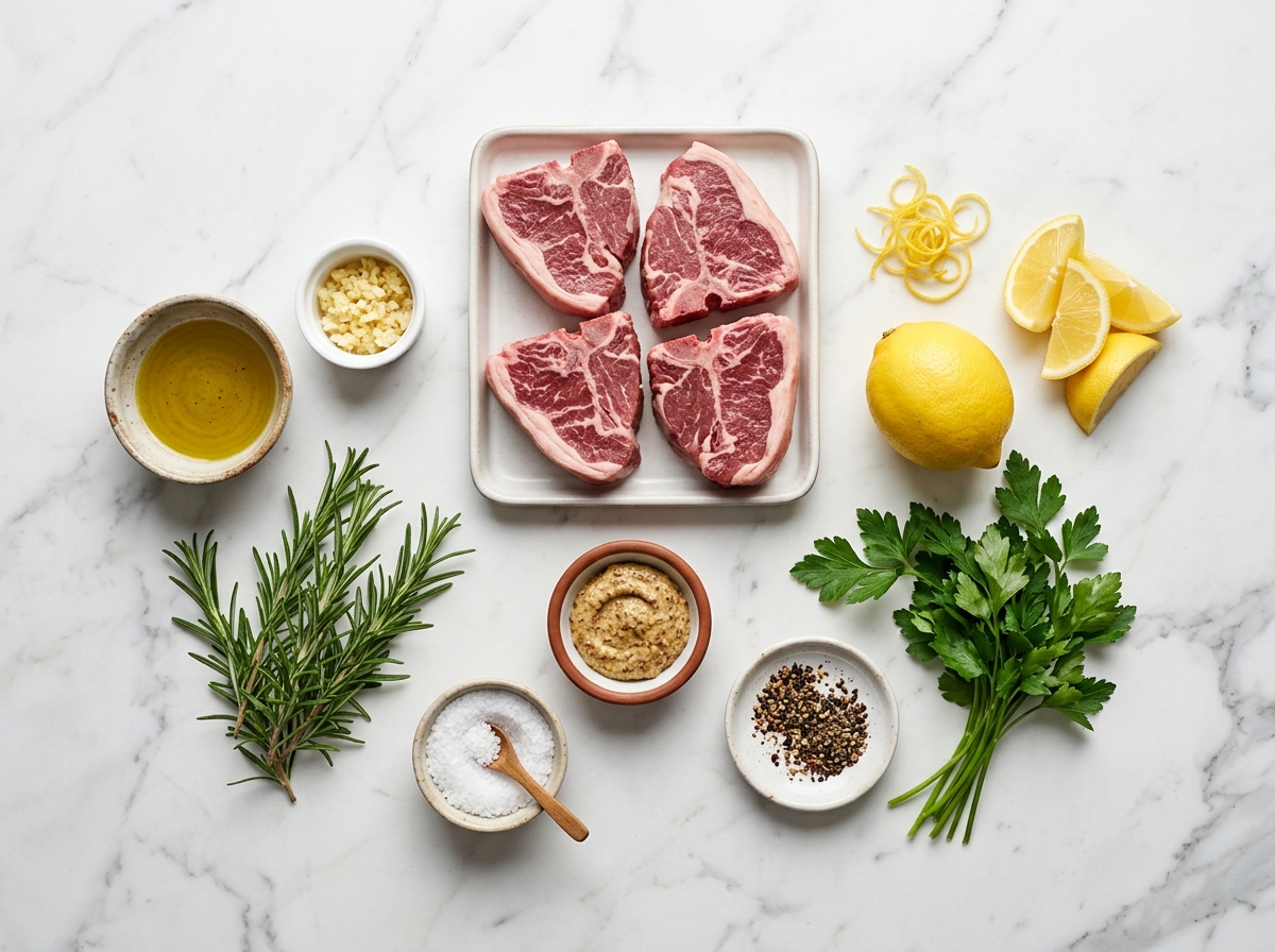 Raw lamb chops with rosemary, garlic, lemon, olive oil, and Dijon