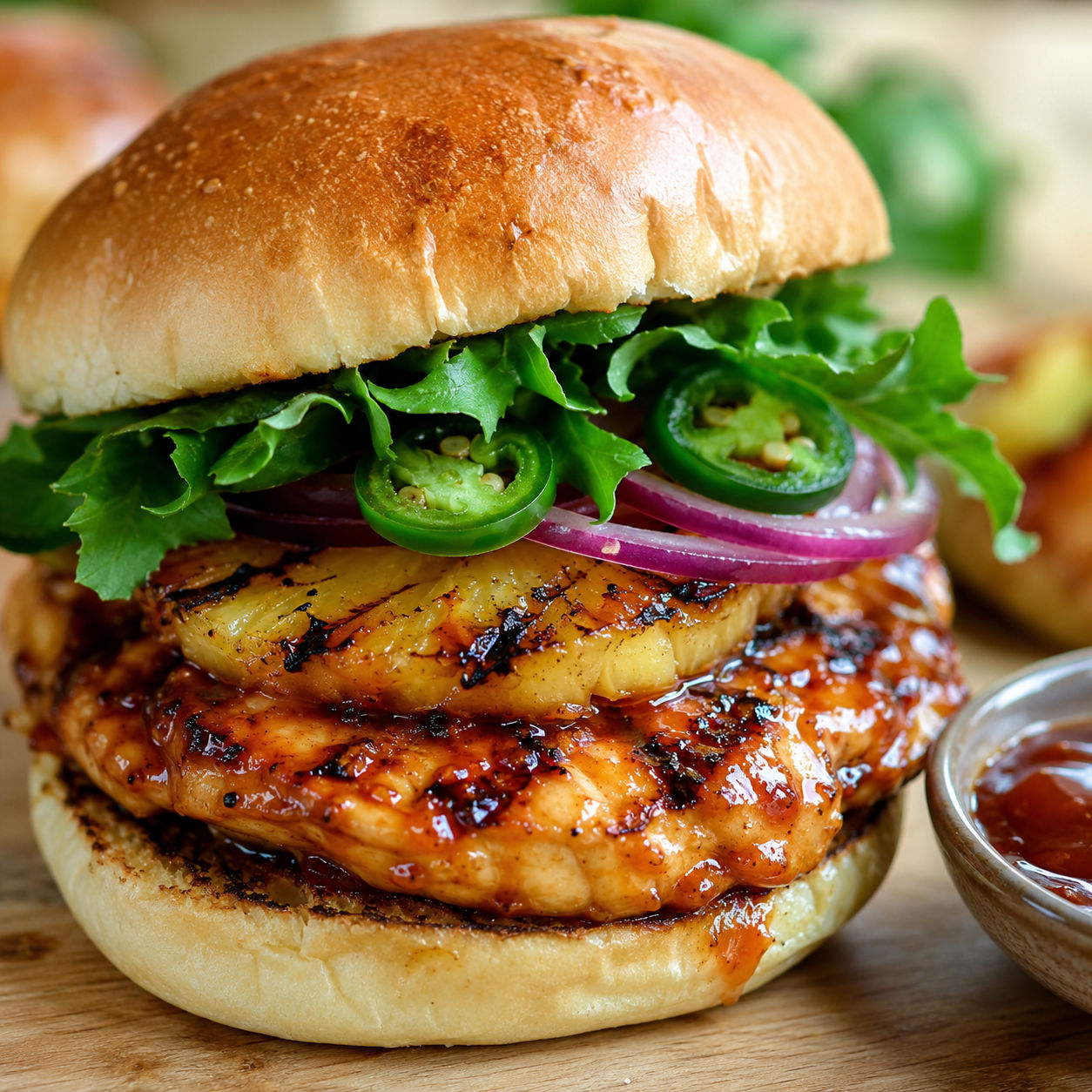 Hawaiian chicken sandwich with grilled pineapple, greens, onion, and jalapeno