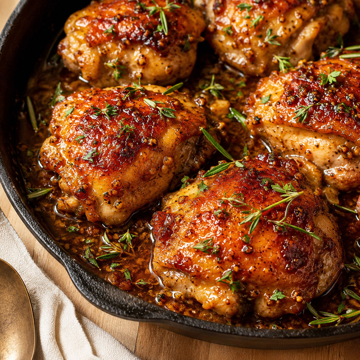 Honey mustard chicken thighs with fresh herbs in a cast iron skillet