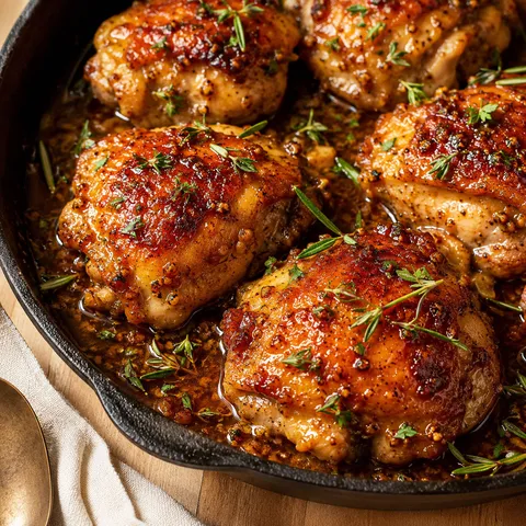 Honey mustard chicken thighs with fresh herbs in a cast iron skillet
