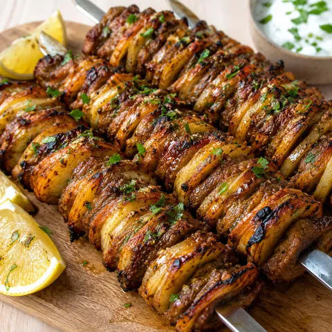 Layered tortilla kebab skewers with spiced meat, parsley, lemon, and yogurt sauce
