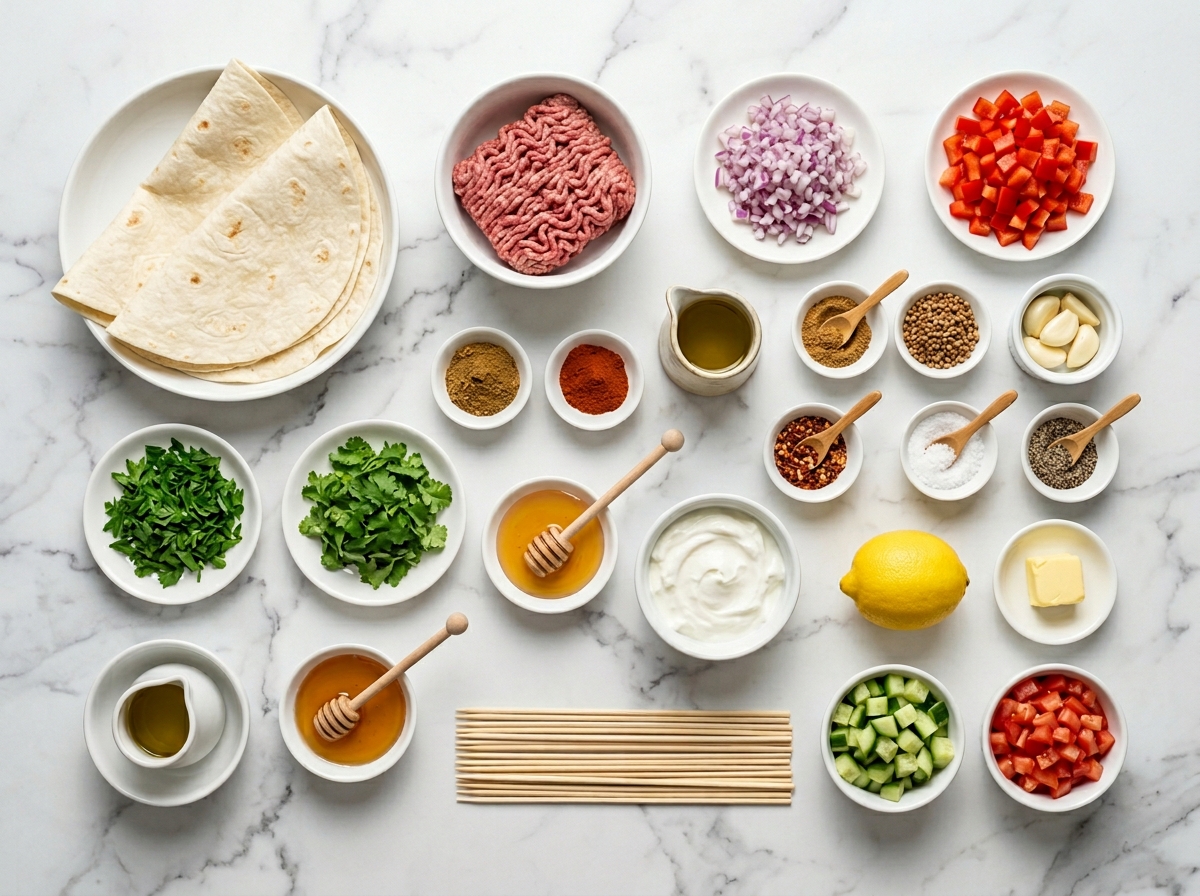 Raw ingredients for layered tortilla kebab skewers with ground beef and herbs