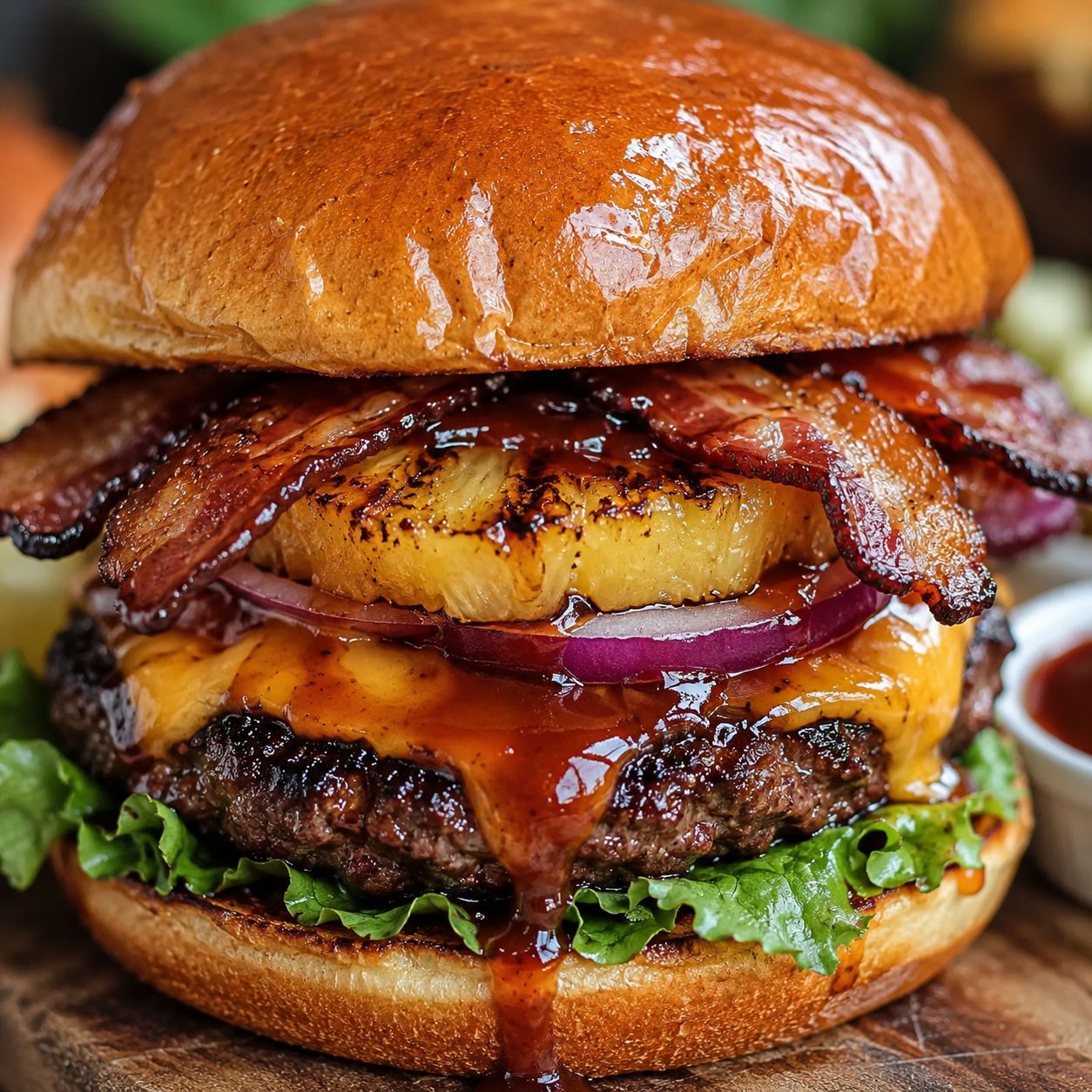 Pineapple bacon BBQ burger with grilled pineapple, bacon, lettuce, and sauce