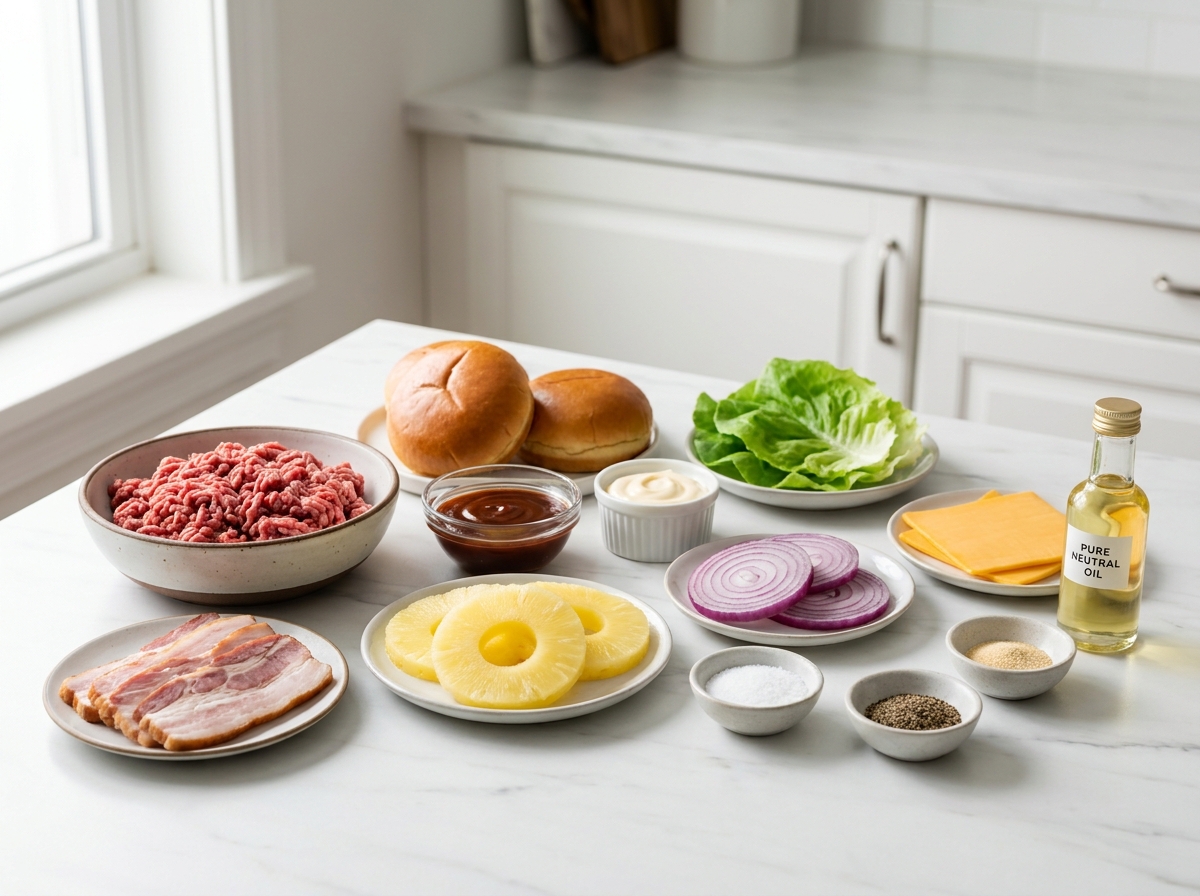 Ingredients for pineapple bacon BBQ burgers with beef, pineapple, bacon, and buns