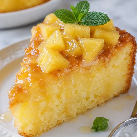 Juicy pineapple cake with glaze and pineapple chunks on a white plate