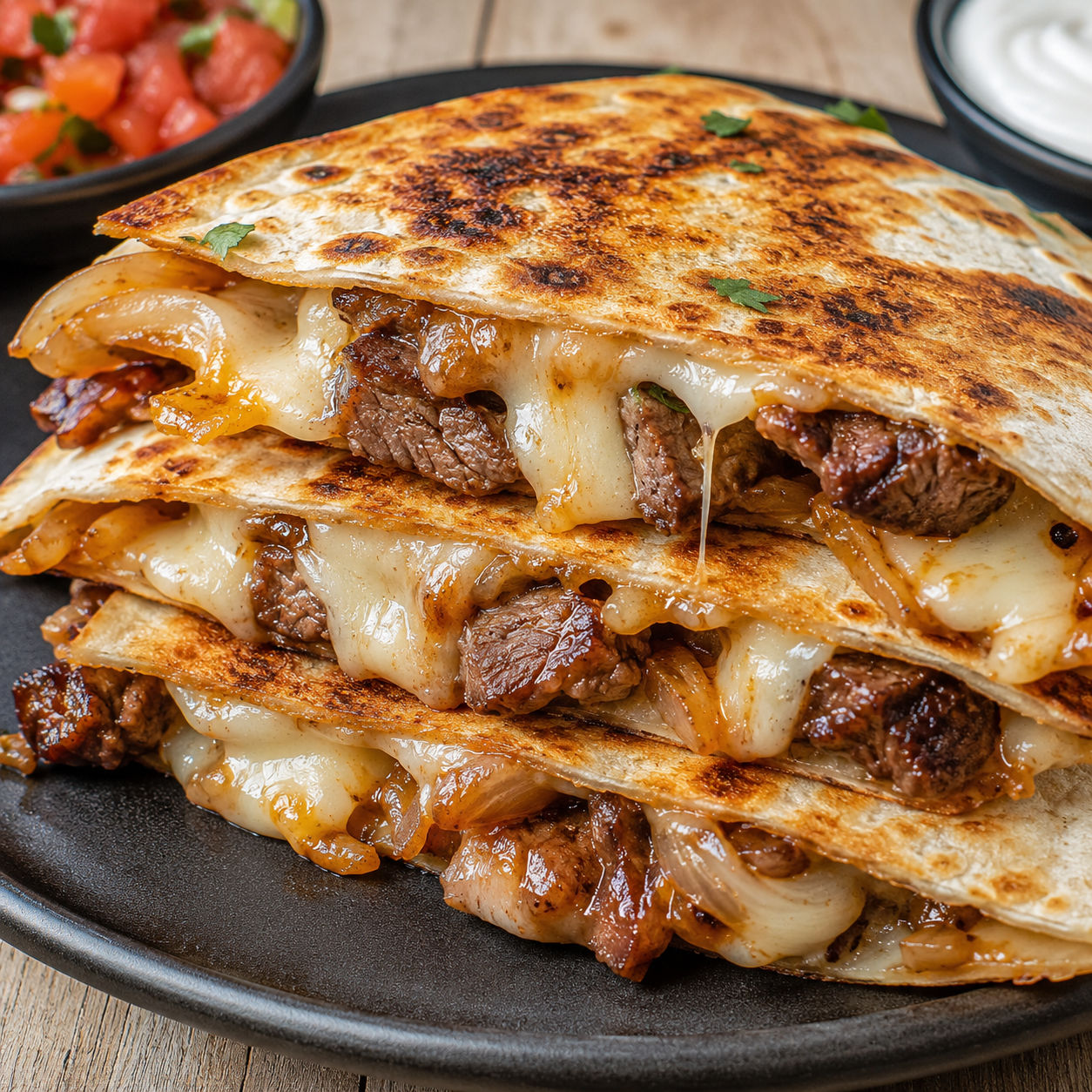 Steak cheese quesadilla wedges with melted cheese and salsa