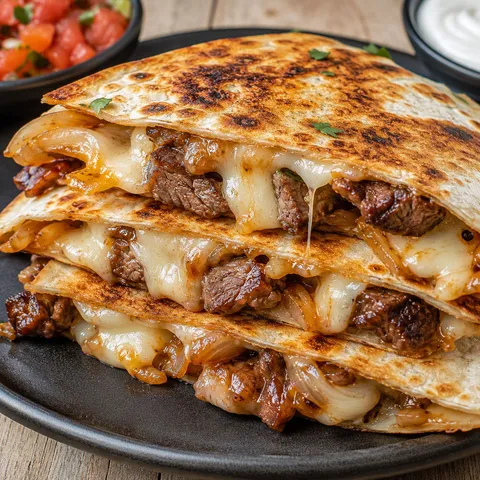 Steak cheese quesadilla wedges with melted cheese and salsa