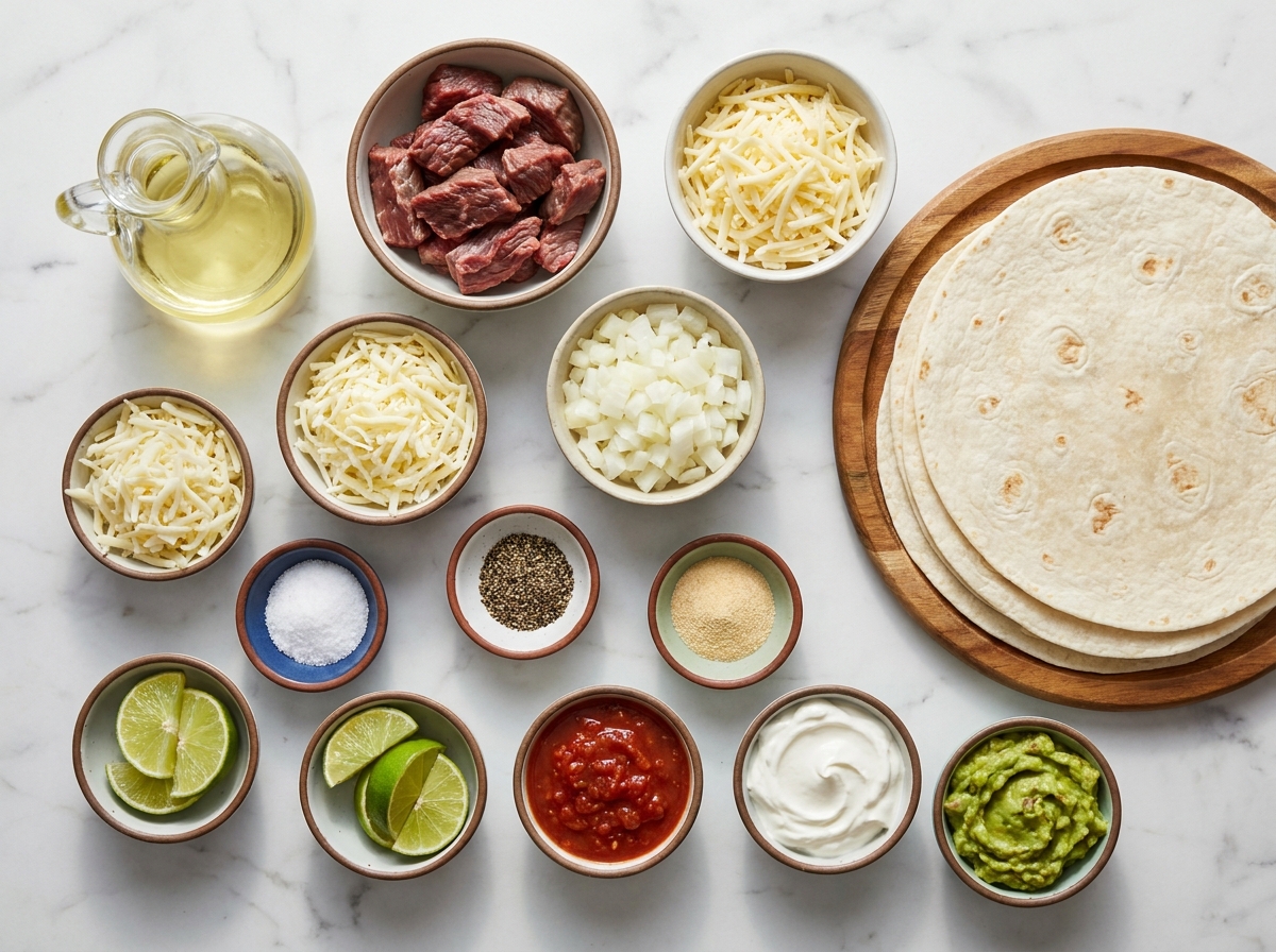 Raw steak, tortillas, cheese, onion, and dips for quesadillas