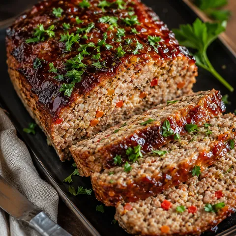 Glazed turkey quinoa meatloaf sliced with parsley on a dark platter