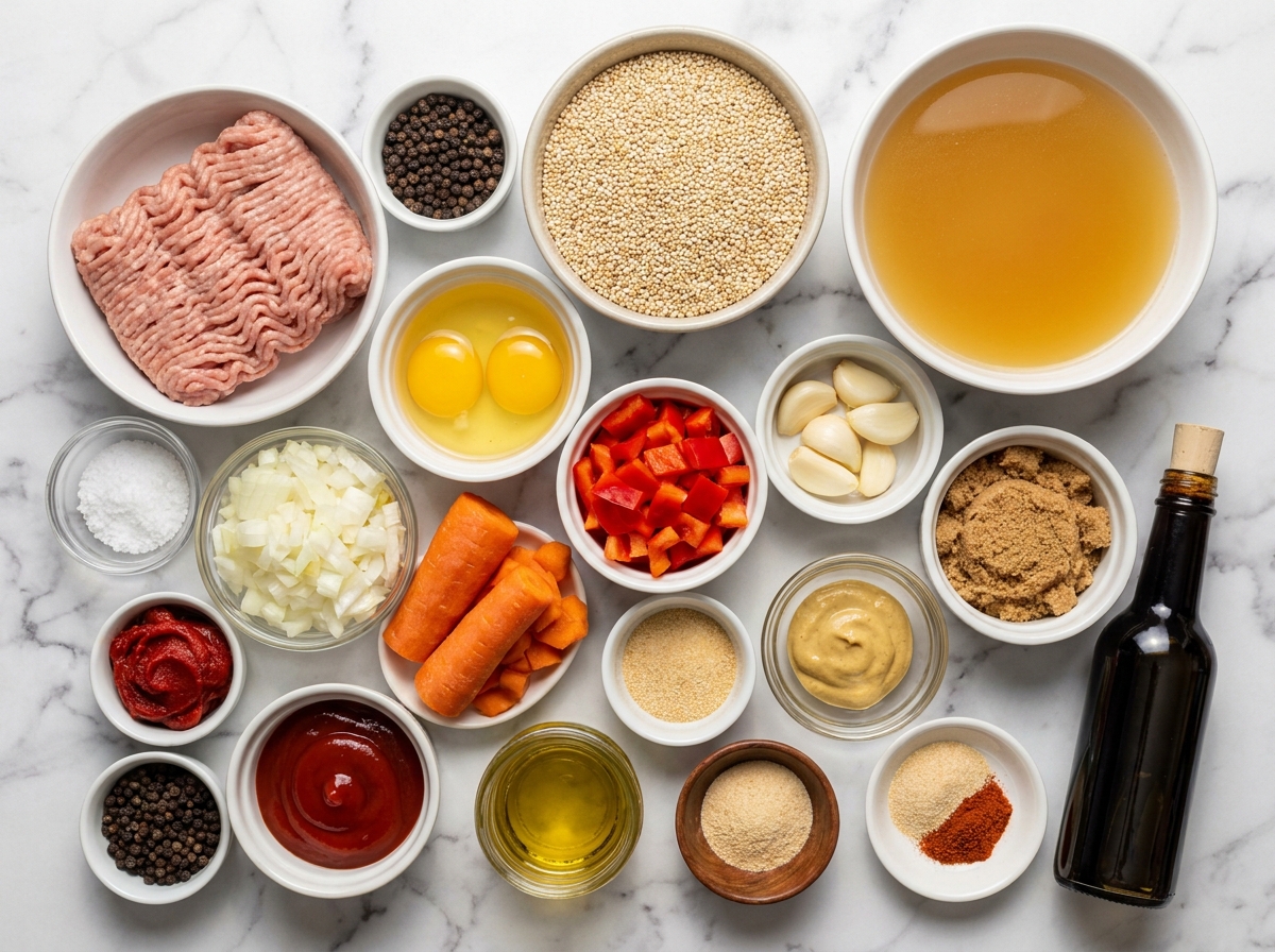 Ingredients for glazed turkey quinoa meatloaf on a light counter