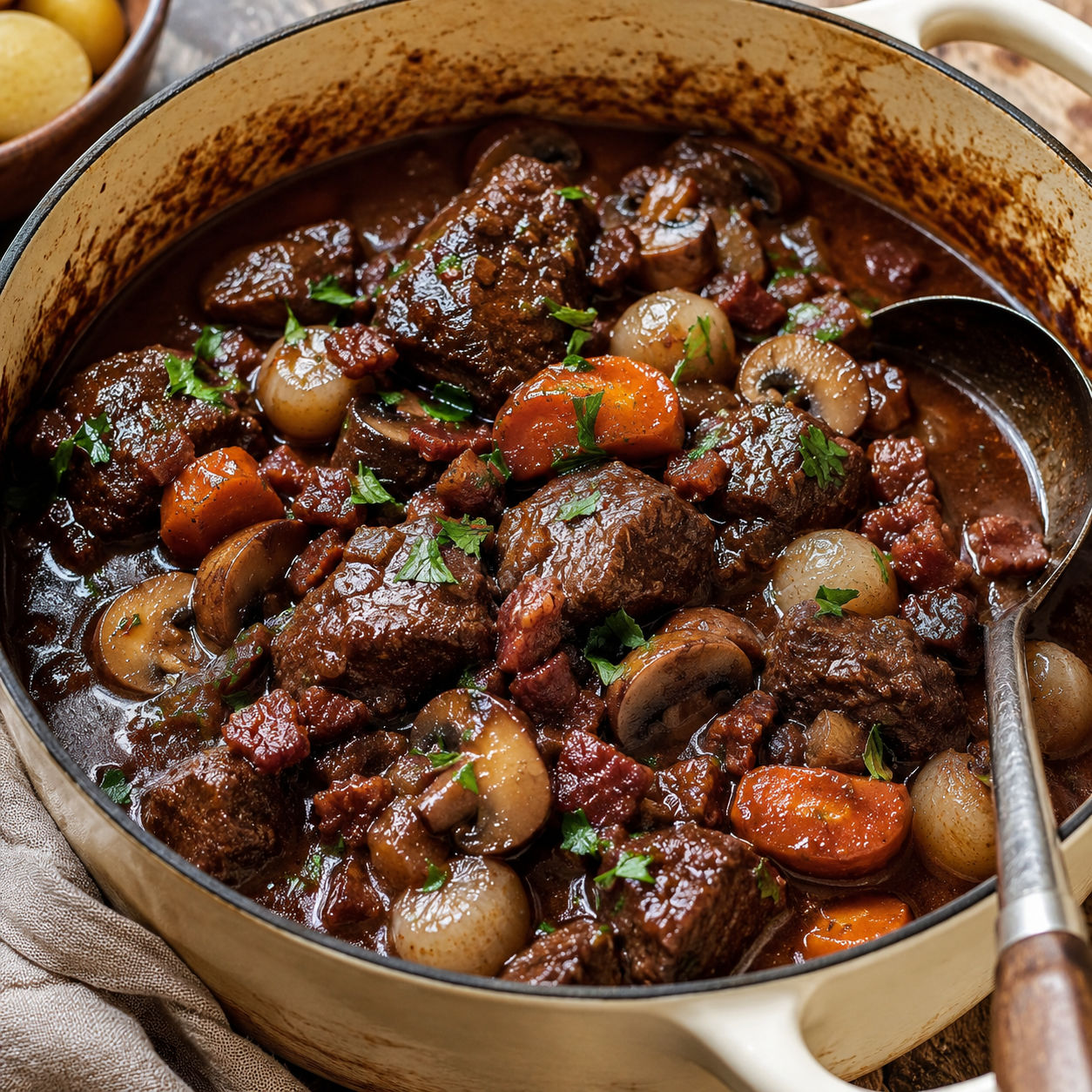 Julia Child's Beef Bourguignon with mushrooms and pearl onions in a Dutch oven