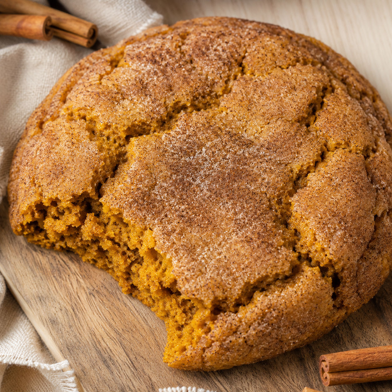 Jumbo pumpkin cinnamon cookie with crackly cinnamon sugar crust on wood