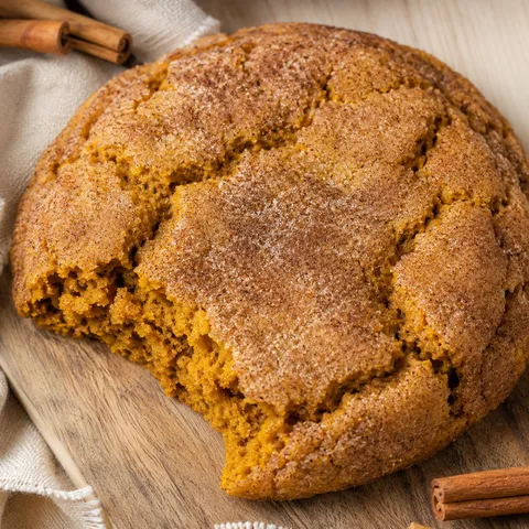 Jumbo pumpkin cinnamon cookie with crackly cinnamon sugar crust on wood