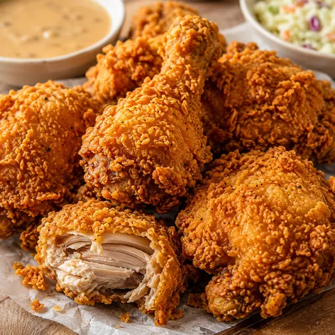 Golden KFC-style oven-baked chicken with crispy crust and gravy