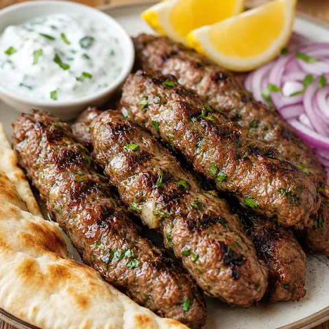 Grilled Kafta Kebabs with lemon, onion, pita, and garlic yogurt sauce