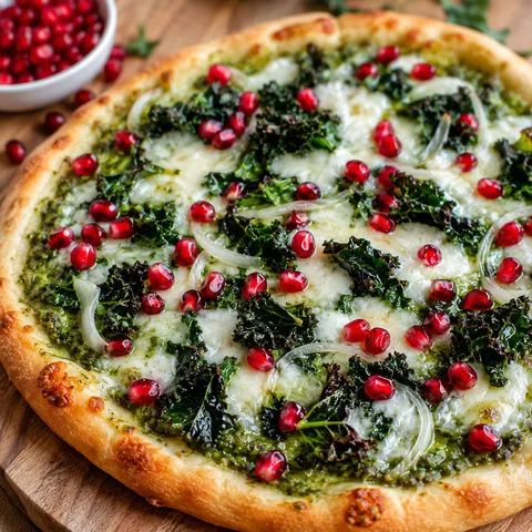 Kale pesto pizza with mozzarella, crisp kale, and pomegranate arils