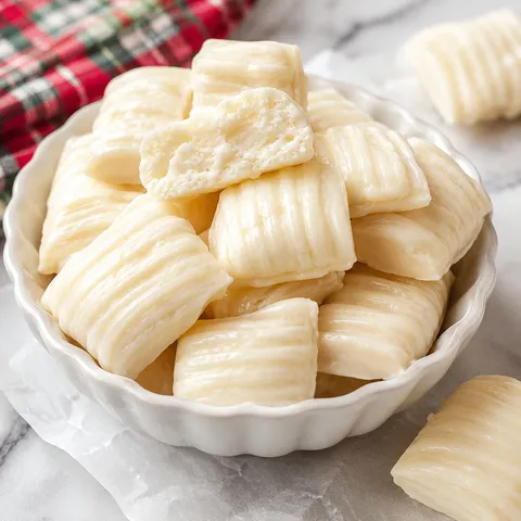 Kentucky cream pull candy pieces in a white dish on marble