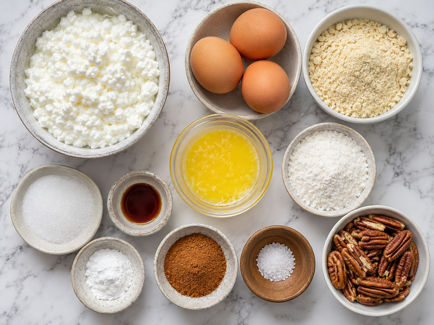 Ingredients for keto cinnamon pecan cottage cheese muffins on a stone counter