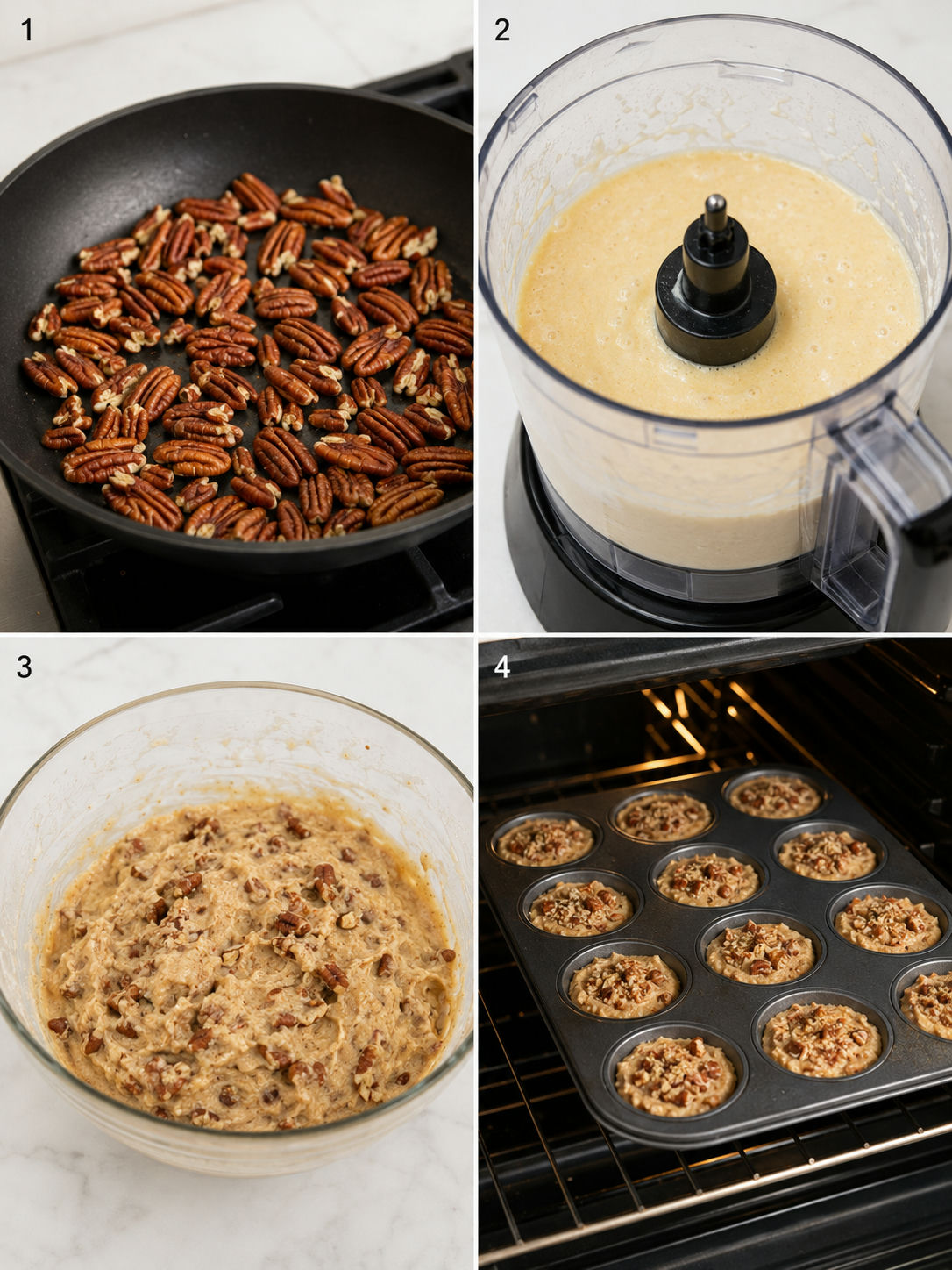 Four steps for making cinnamon pecan cottage cheese muffins