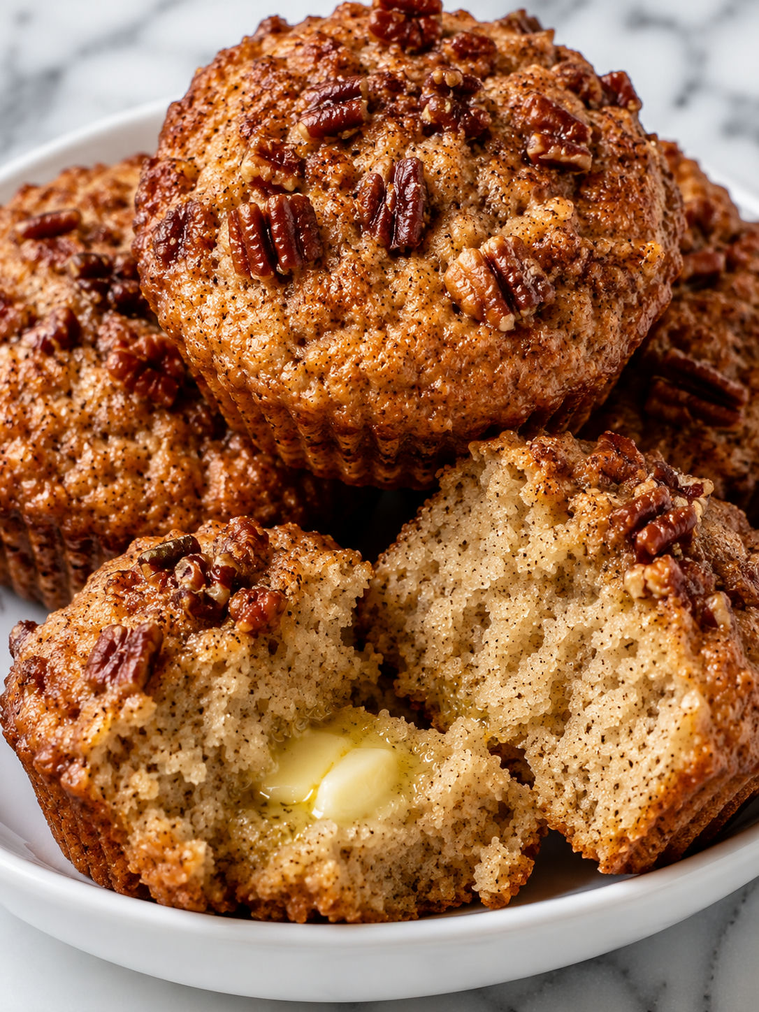 Stacked keto cinnamon pecan muffins with one split open